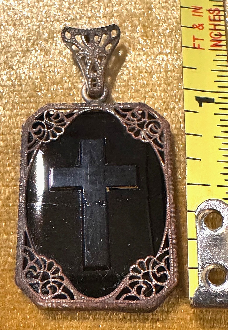 Antique Ornate Border with Black Onyx Mourning Pendant Etched Cross & Star Prism