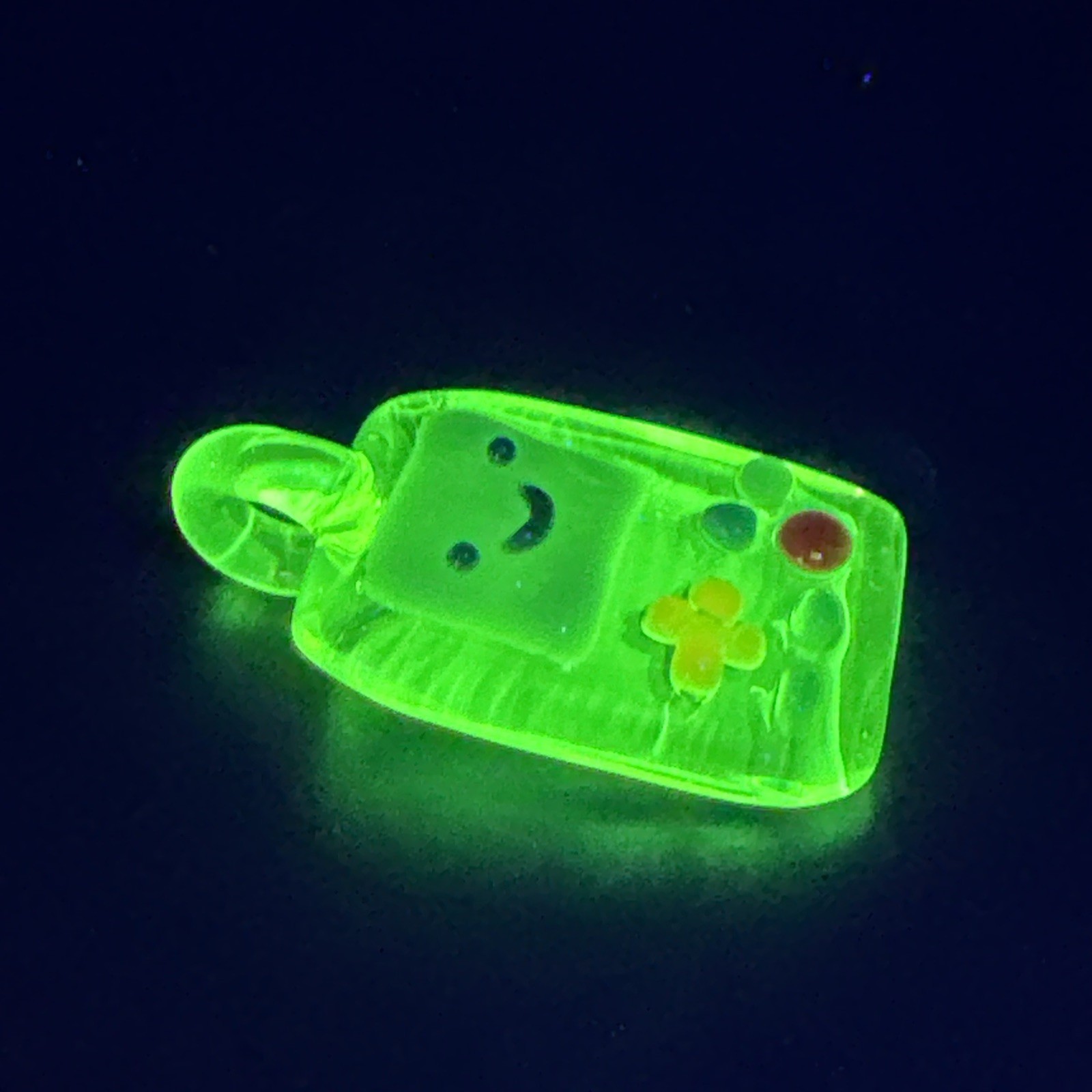 Handmade Uranium Glass Art Video Game BMO Pendant UV Reactive Green UG Boro Ion