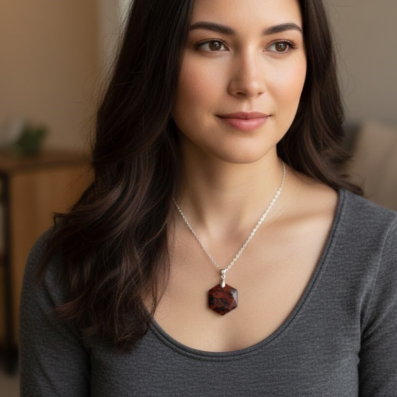 Mahogany Obsidian Hexagon Pendant | Handmade Certified Gemstone Necklace