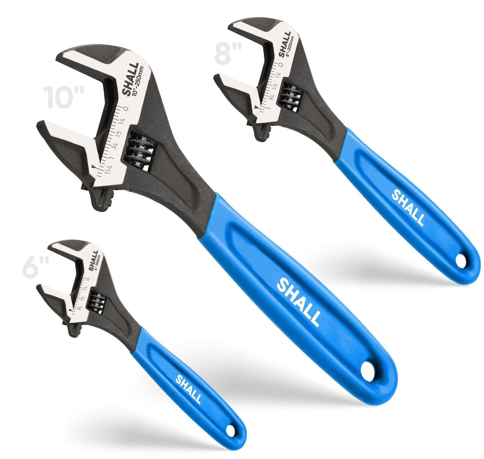 SHALL 3-Piece Adjustable Wrench Set, 10/8/6 Inch Cr-V Steel Wrench with Cushion