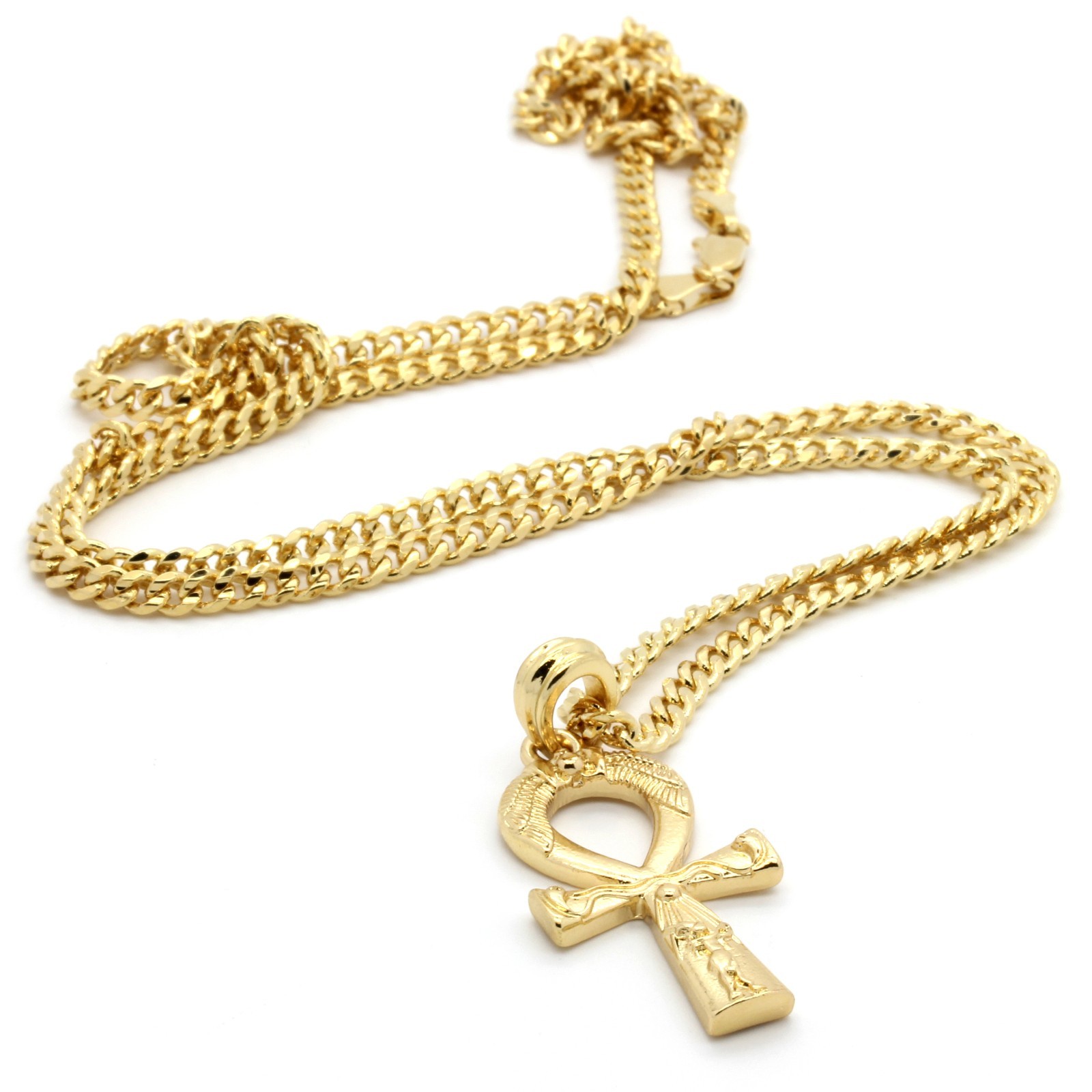 Men’s 14k Gold Plated All Gold Engrave Ankh Pendant Hip-Hop 30″ Cuban Chain