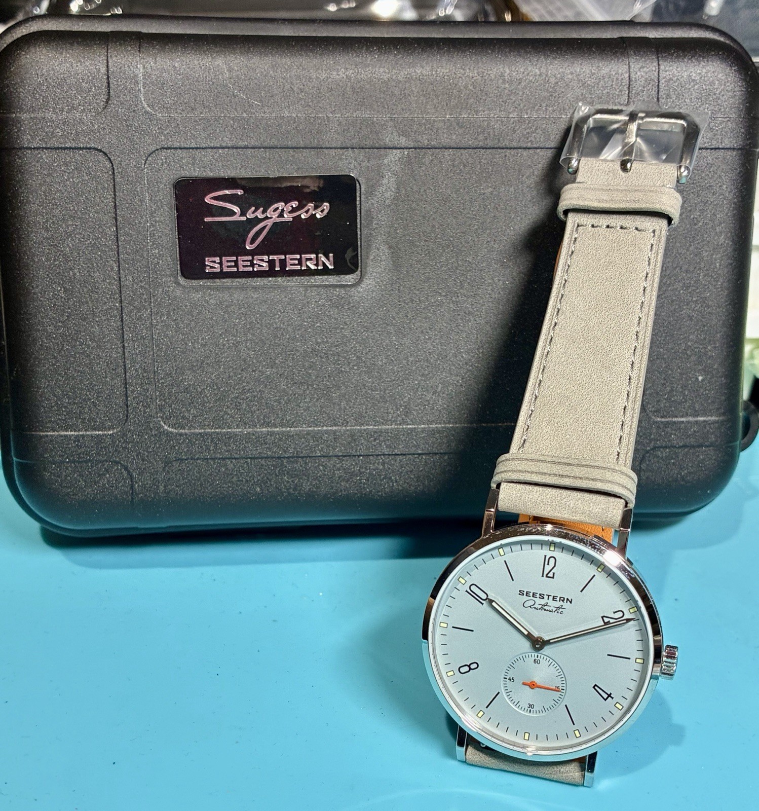 SEESTERN 38MM SMALL SECONDS MINIMALIST BAUHAUS STYLE AUTO SEAGULL LIGHT BLUE NEW