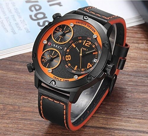 CURREN Mens Triple Time Zone Watch Black Orange Leather Strap Date Quartz