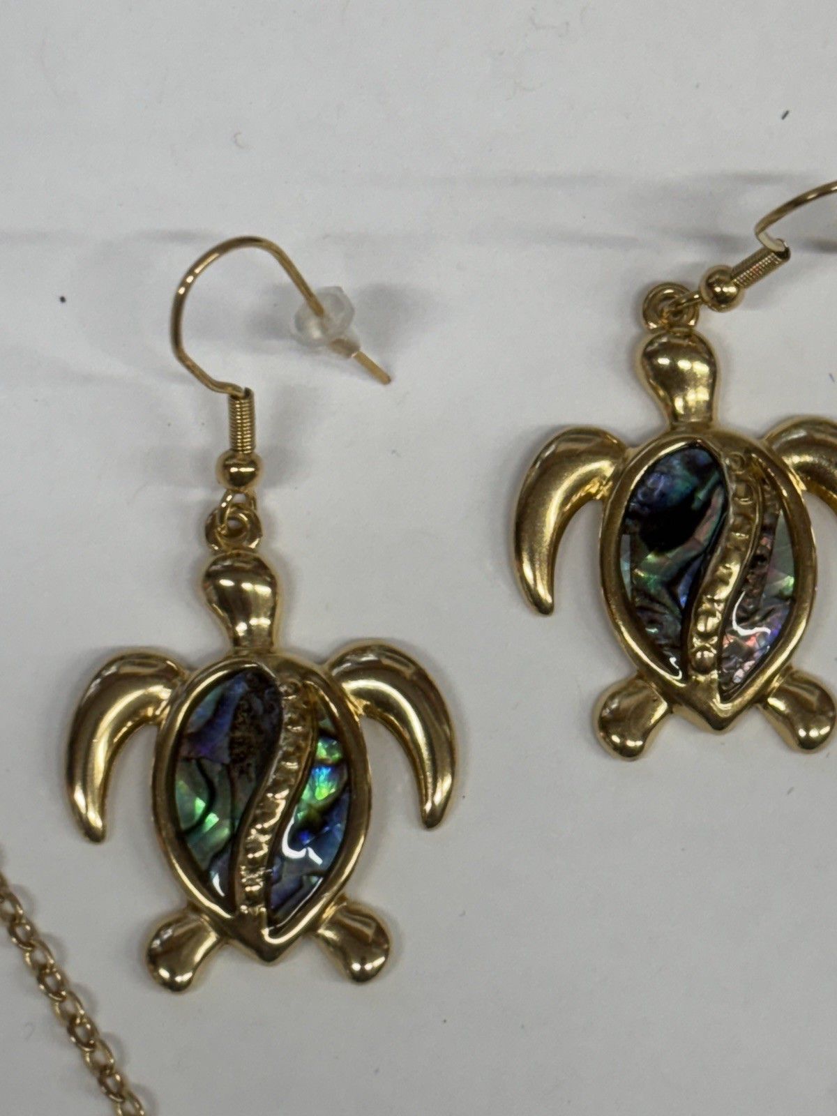 Turtle Gold Abalone Necklace Earrings Set Dangle Hook Coastal Sea Jewelry NEW