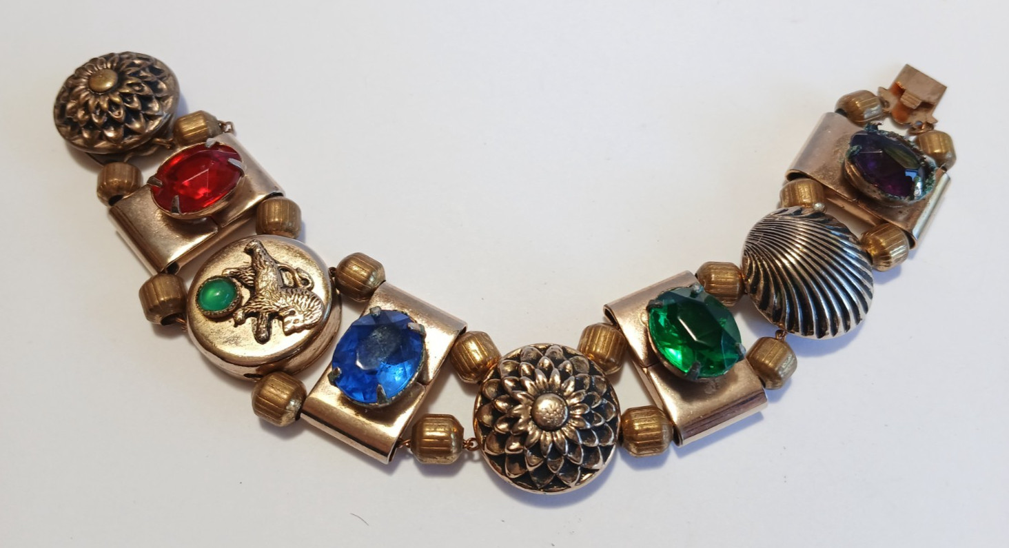 VINTAGE VICTORIAN REVIVAL FACETED MULTI COLOR STONES SHELL & LION SLIDE BRACELET
