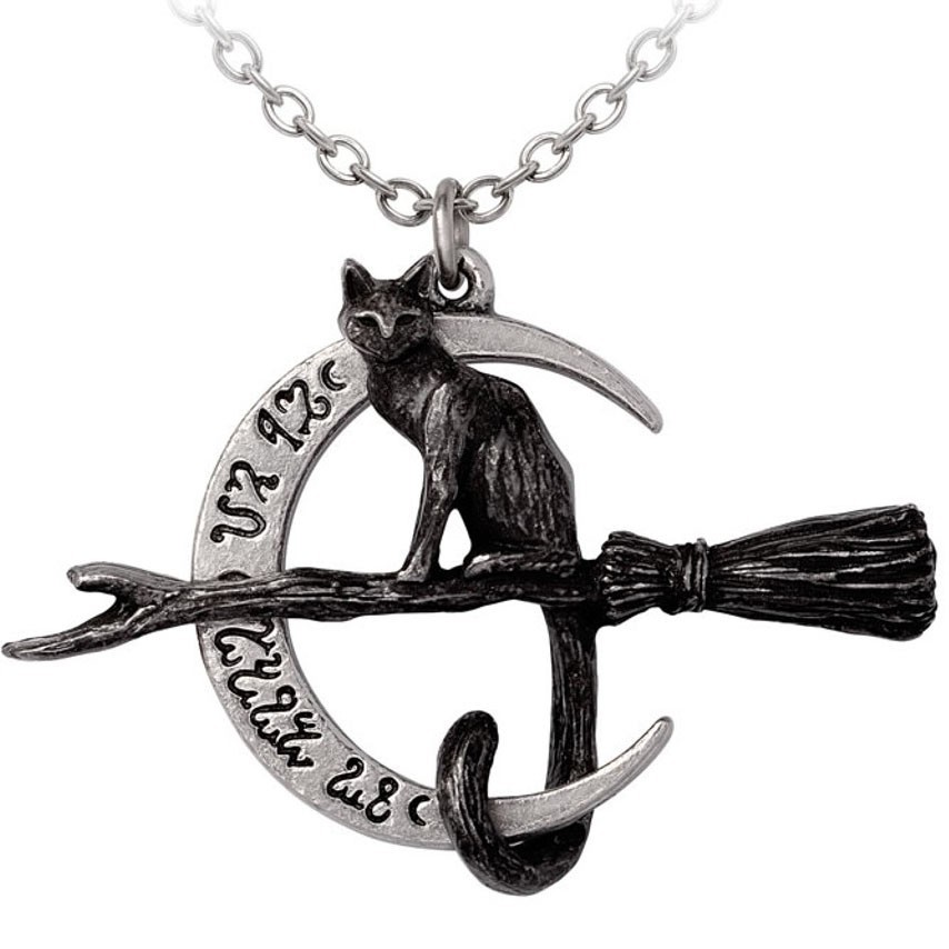Alchemy Gothic Regina Covenorum Black Cat Witch Broom Moon Pendant Pagan P1005