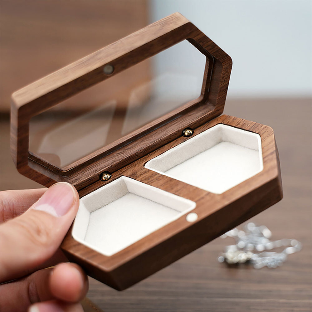 Walnut Wood Ring Display Box Plastic clear Crystal Box Jewelry Gems Storage Box
