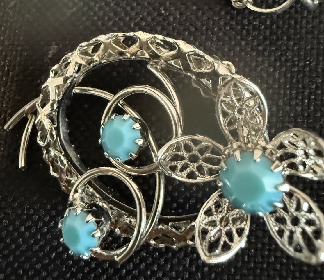 Silver Tone & Blue Faux Stones Brooch And Matching Clip On Earrings