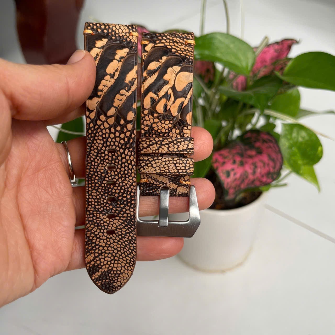 24/22 mm Padded Brown Genuine OSTRICH Leg LEATHER SKIN WATCH STRAP BAND