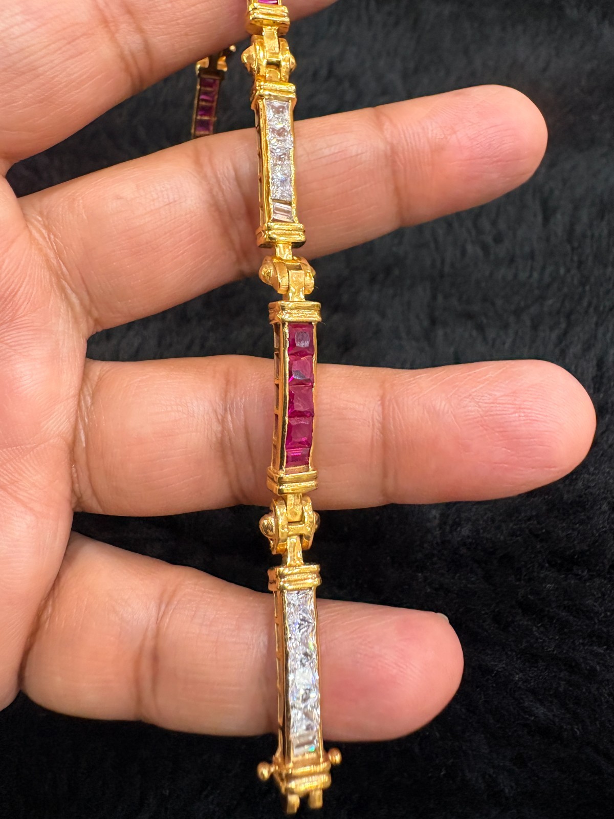 7.69Ct Princess Cut Simulated Ruby Unique Tennis Bracelet 14K Yellow Gold Plated