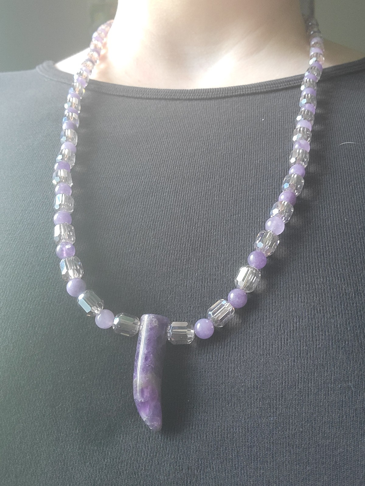 Amethyst Pendant & Lavender Beaded Genuine Crystal Necklace – Artisan Handmade
