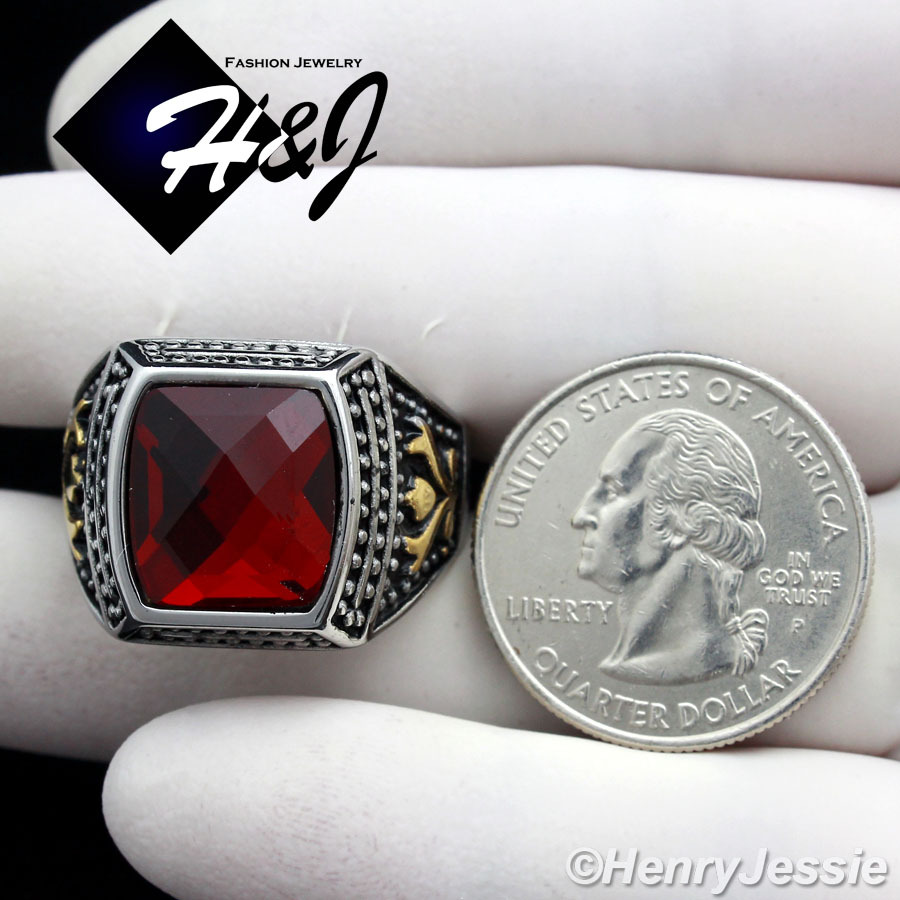 MEN’s Stainless Steel Silver/Gold/Black Plated Simulated Ruby Vintage Ring*R89