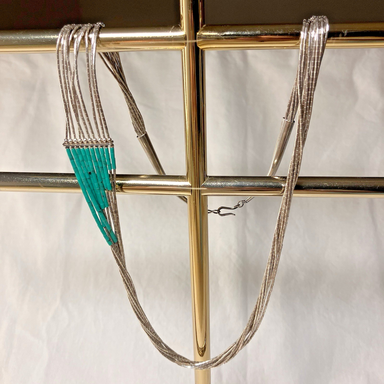 Vintage 10-Strand Liquid 925 Silver & beads with Turquoise heishi Necklace 12.5″