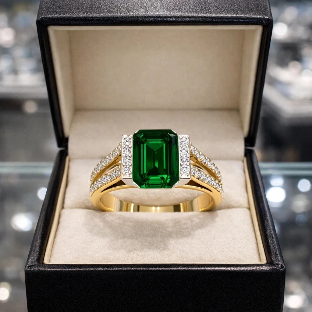 4.80 Ct Emerald Cut Natural Emerald & Diamond Wedding Ring 14K Yellow Gold