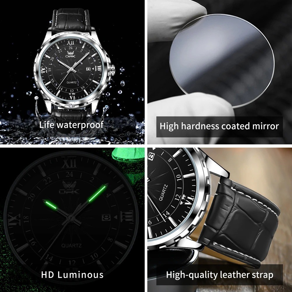 OPK Quartz Watch Men Comfortable Leather Strap Waterproof Fashion Dress Wristwat
