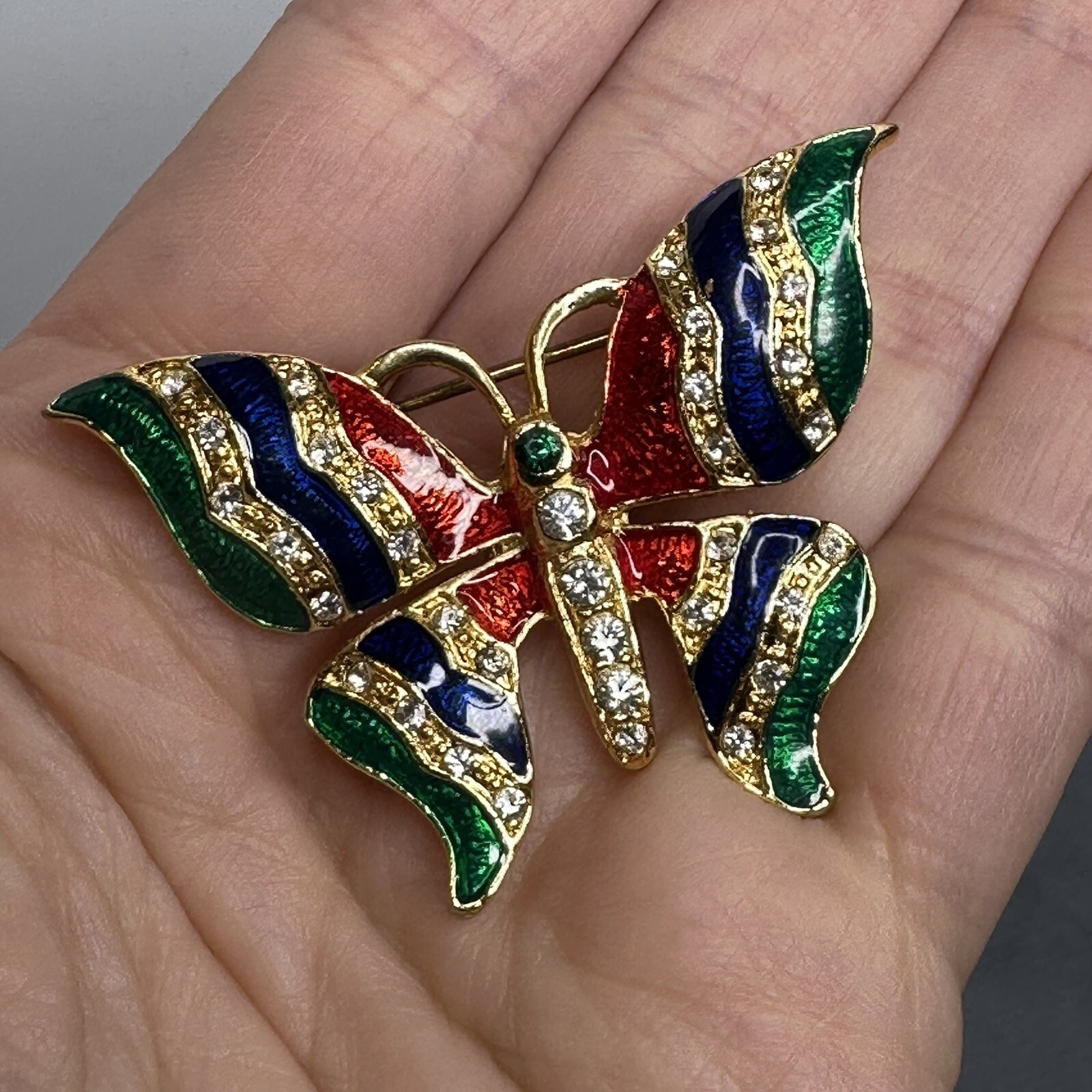 Vintage Butterfly Enamel Brooch Pin Gold Tone Red Blue Green Rhinestones Shiny