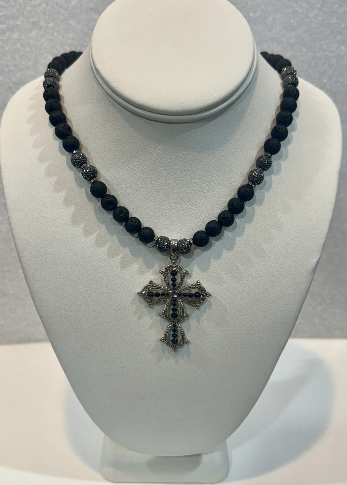 natural lava stone beads Necklace With Large Cross , 17”+2” Extender, Handmade