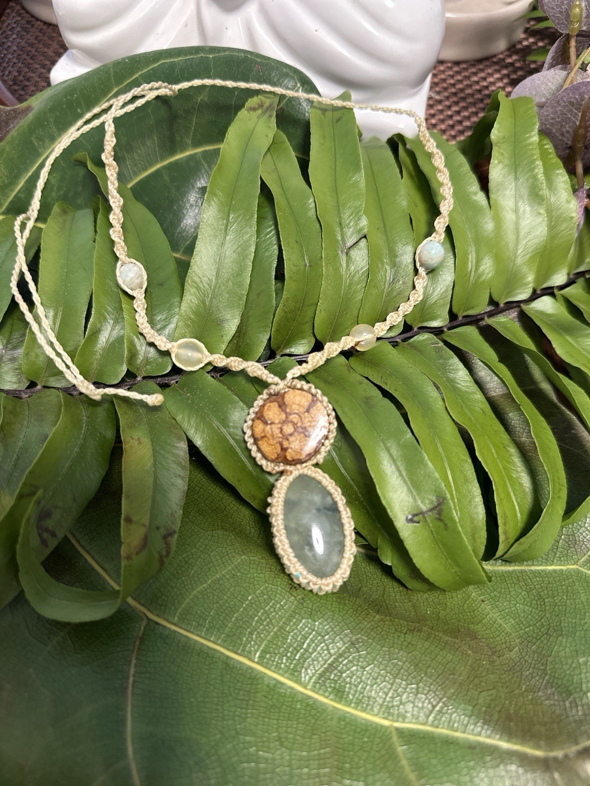 Handmade Ayahuasca & Green Gemstone Macrame Necklace Boho Tribal Jewelry 25