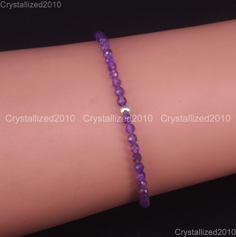 Natural Faceted Round 2mm Gemstone Handmade 925 Silver Bracelet 7.5″ Child Size