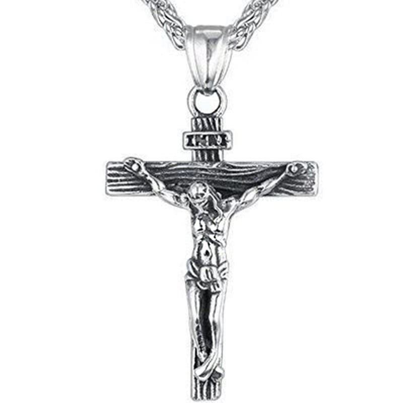 Mens Silver Stainless Steel Jesus Christ Crucifix Cross, Necklace Chain 24″