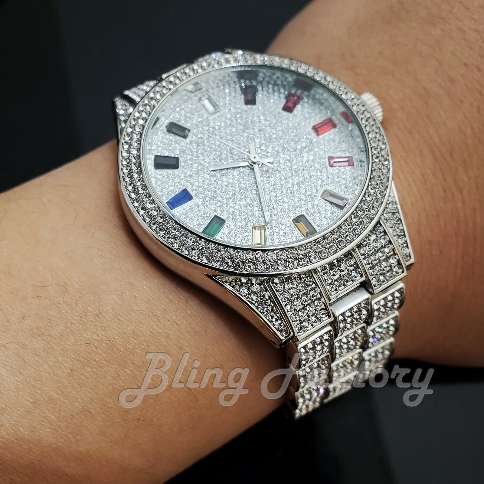 HIP HOP SILVER PT LUXURY COLORFUL STONE WATCH & ICED CUBAN BOX LOCK BRACELET