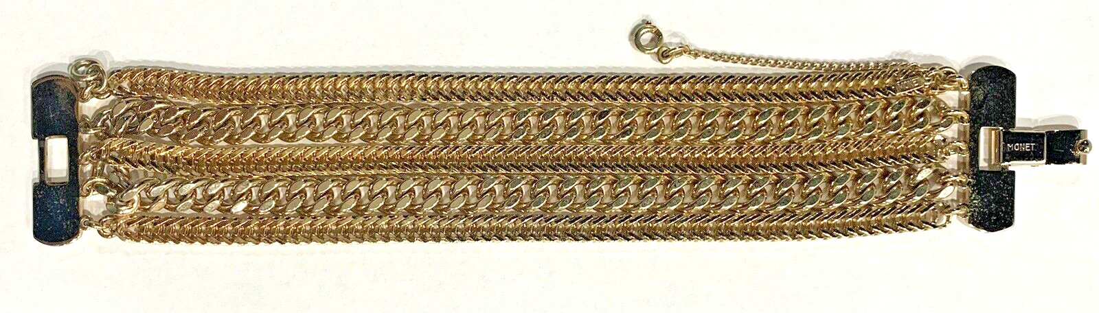 Vintage Signed Monet Gold Tone 5 Strand Chain Bracelet with safety chain