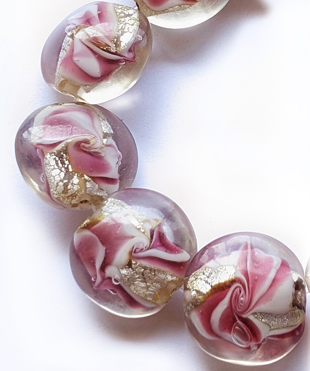 4 Handmade Lampwork Glass Beads Pink Silver Foil 18mm Lentil 4 Beads (#a6)