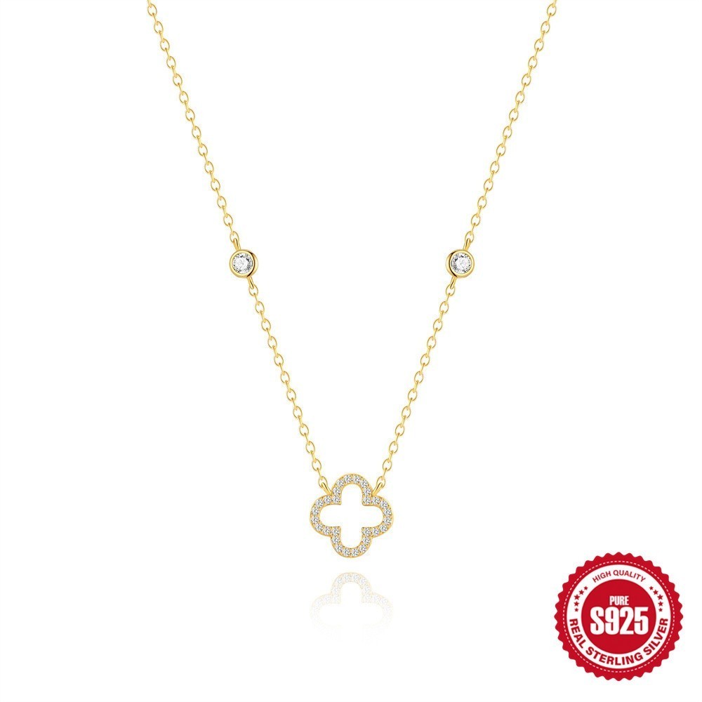 Gold Plated 925 Sterling Silver CZ Four Leaf Clover Pendant Necklace