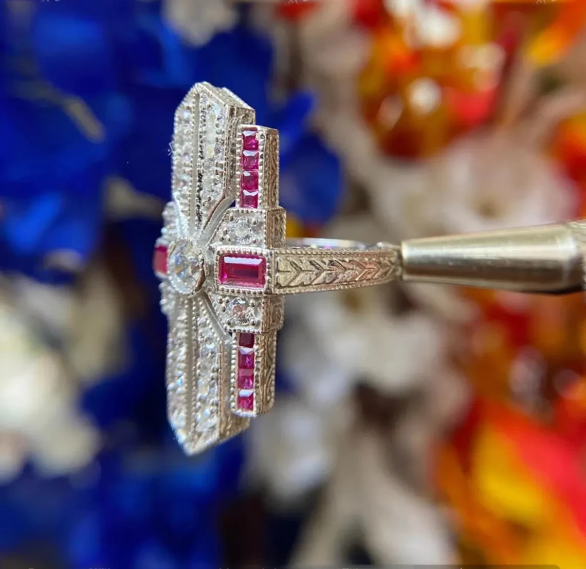 Vintage Moissanite & Ruby Milgrain Statement Cocktail Ring 935 Argentium Silver