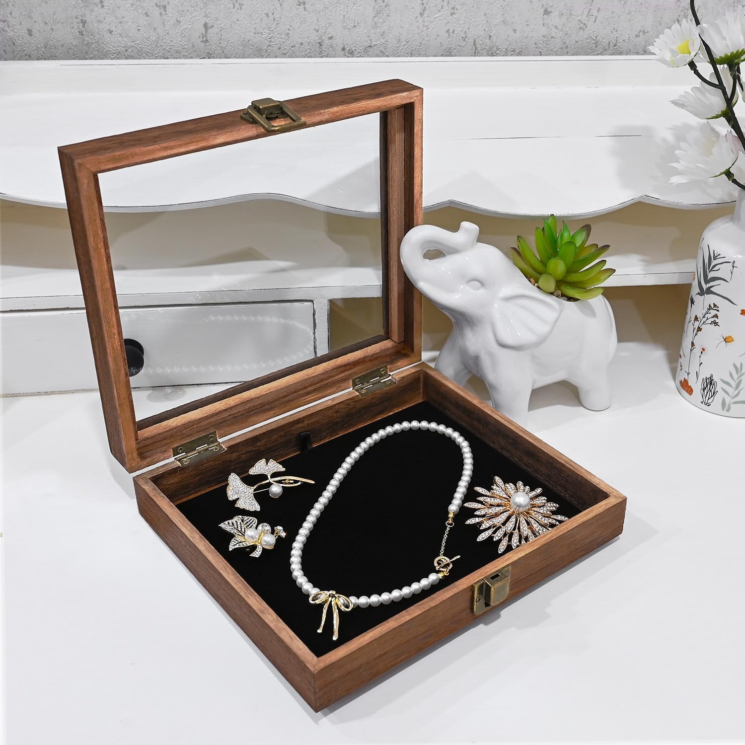 MOOCA Tempered-Glass Top Small Wooden Jewelry Display Case with Removable Black