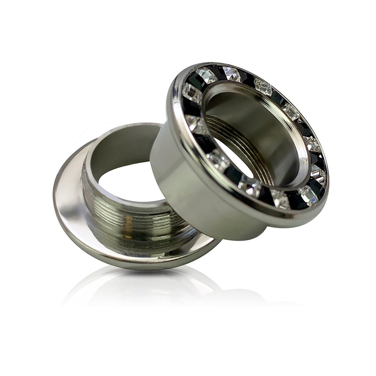 Pressed Rimmed Surgical Steel Black Clear CZ Screw Tunnel Ear Plugs – Sold Pair