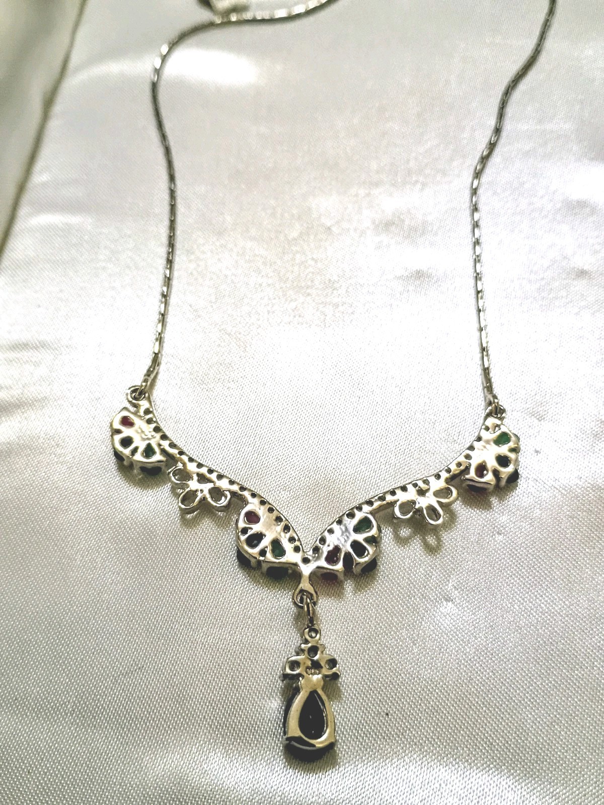 Vintage Liquid Silver Natural Sapphire Emerald Ruby CZ Victorian Necklace 18″