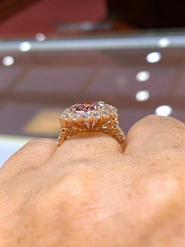 4Ct Oval Cut Morganite and Diamond Halo Engagement Ring In 14K Rose Gold Finish