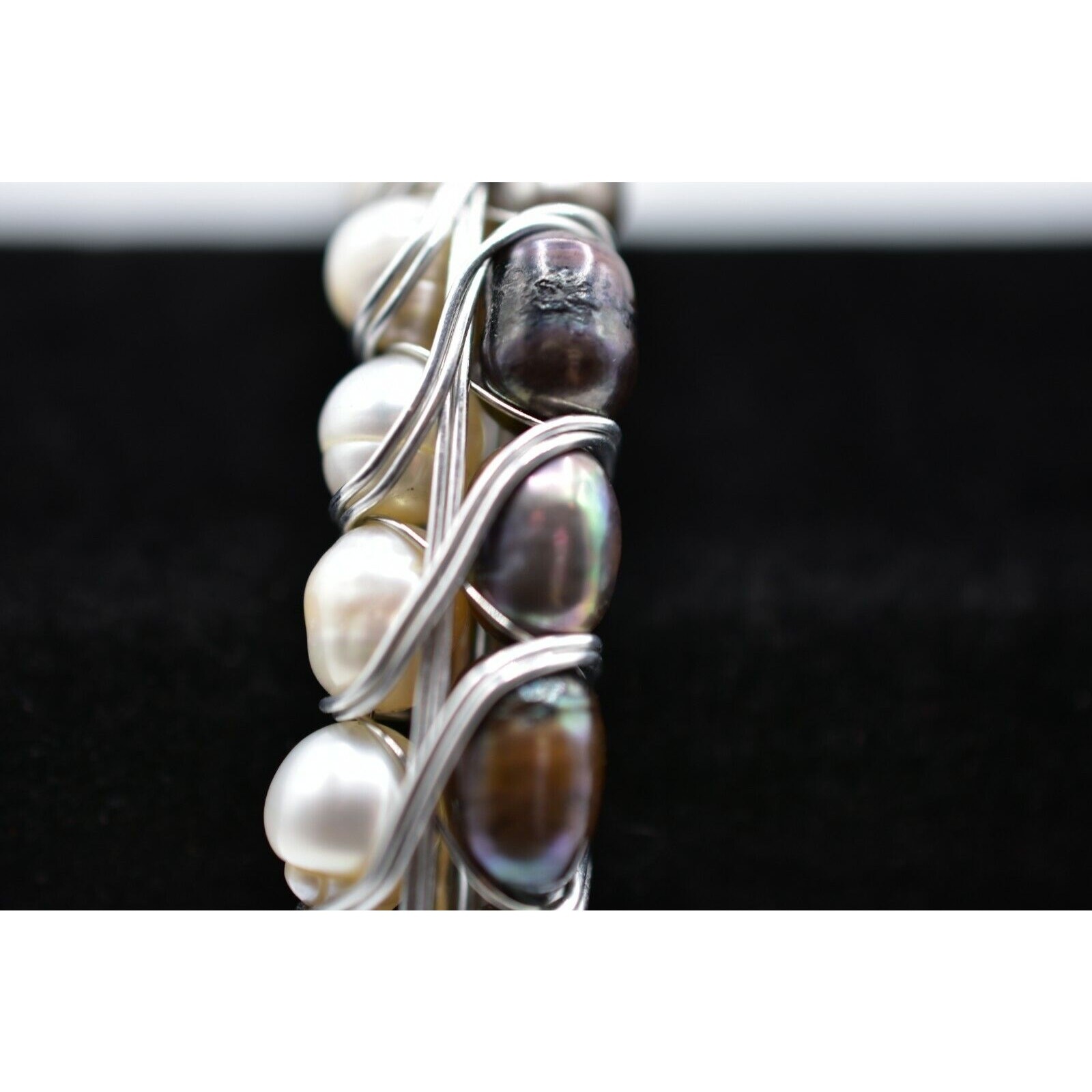 Vintage Cuff Bangle Bracelet Silver Gray White Black Pearl Beaded Chunky BinD