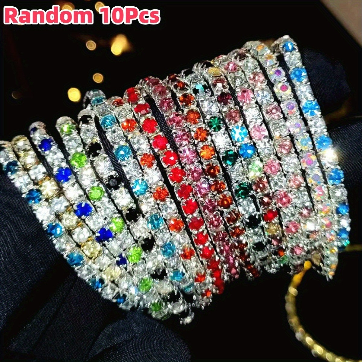 Random 10Pcs Women Crystal Rhinestone Stretch Bracelet Bangle Wristband Bling