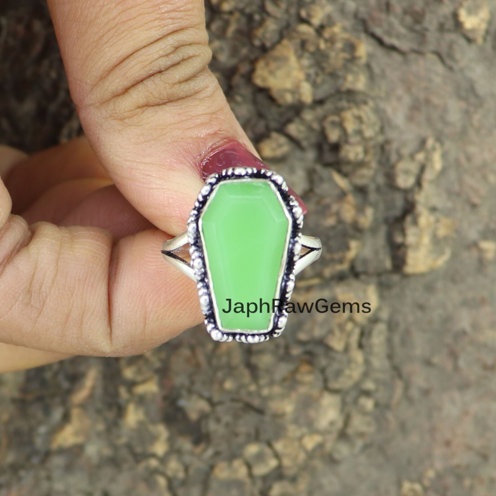 Chrysoprase 925 Sterling Silver Coffin Ring Handmade Gemstone Women Gift Ring