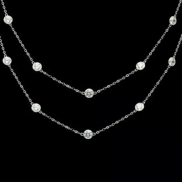 By Yard Station Necklace 3Ct VVS1 Diamond 14K White Gold Plated Bezel Chain 18″