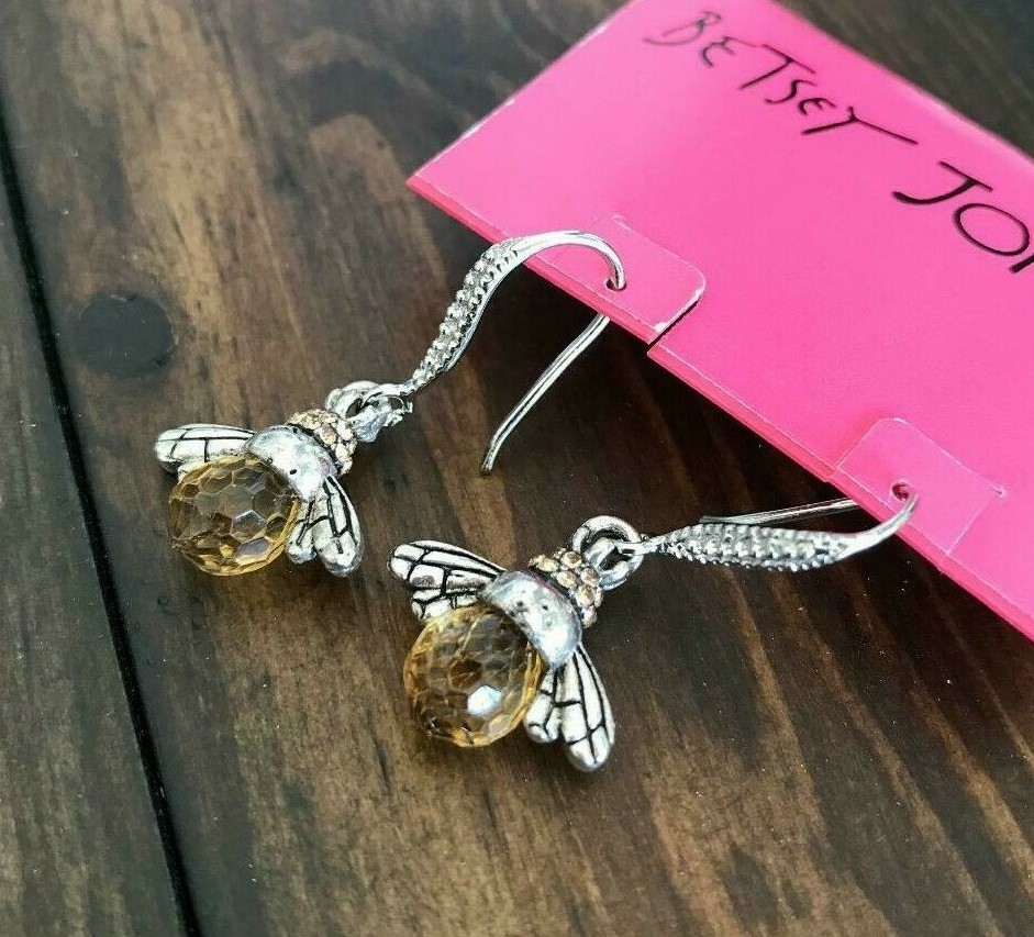 US Seller Betsey Johnson Silver Amber Crystal Bee Dangle Earrings Acrylic