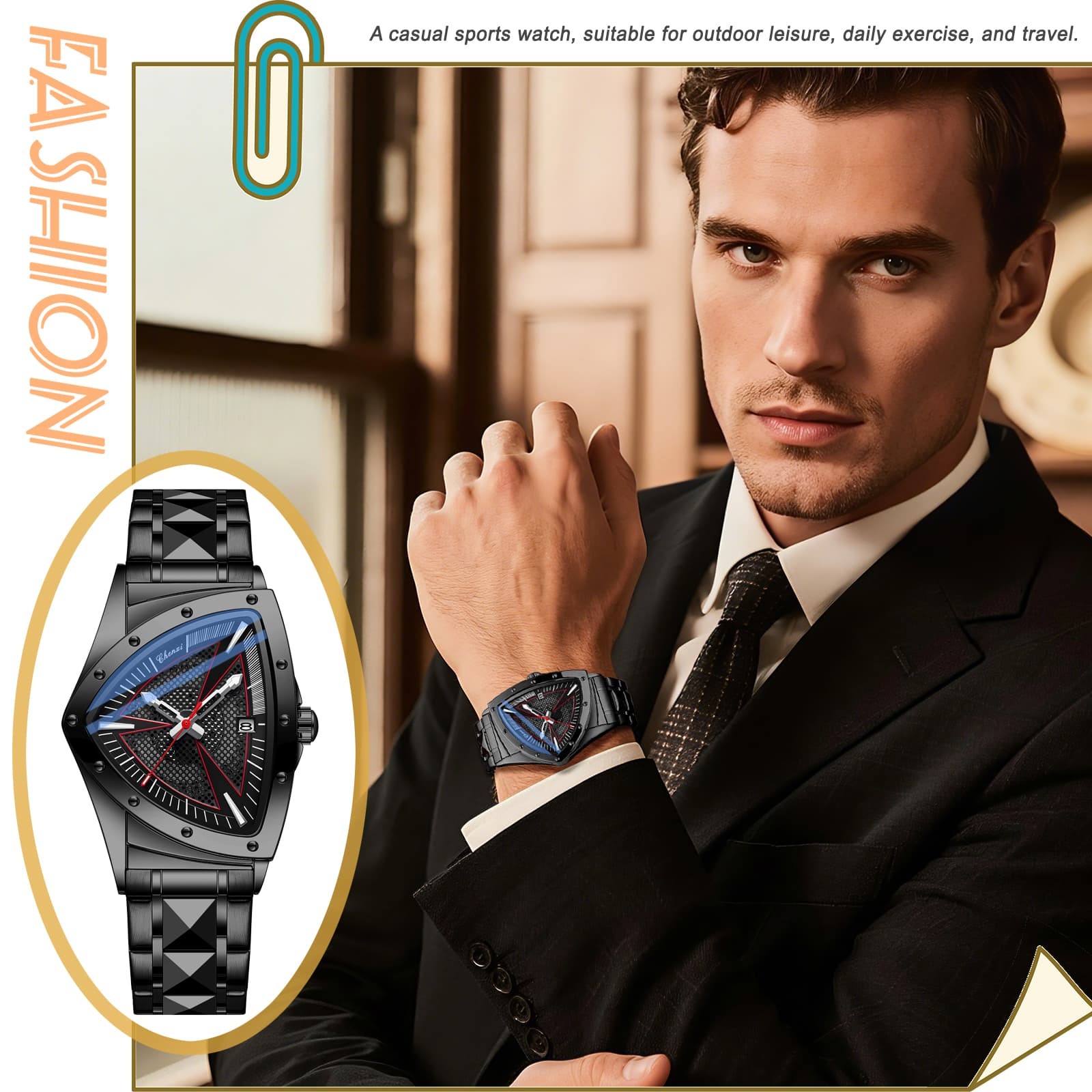Mens Triabgle Stainless Steel Date Luminous Waterproof Wrist Watch Business Gift
