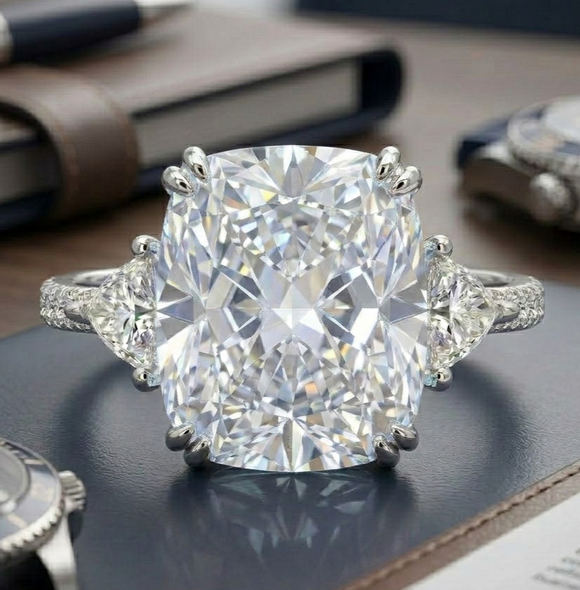 8.00 Ct Certified Cushion Cut White Natural Diamond Ring VVS1 White Gold Finish