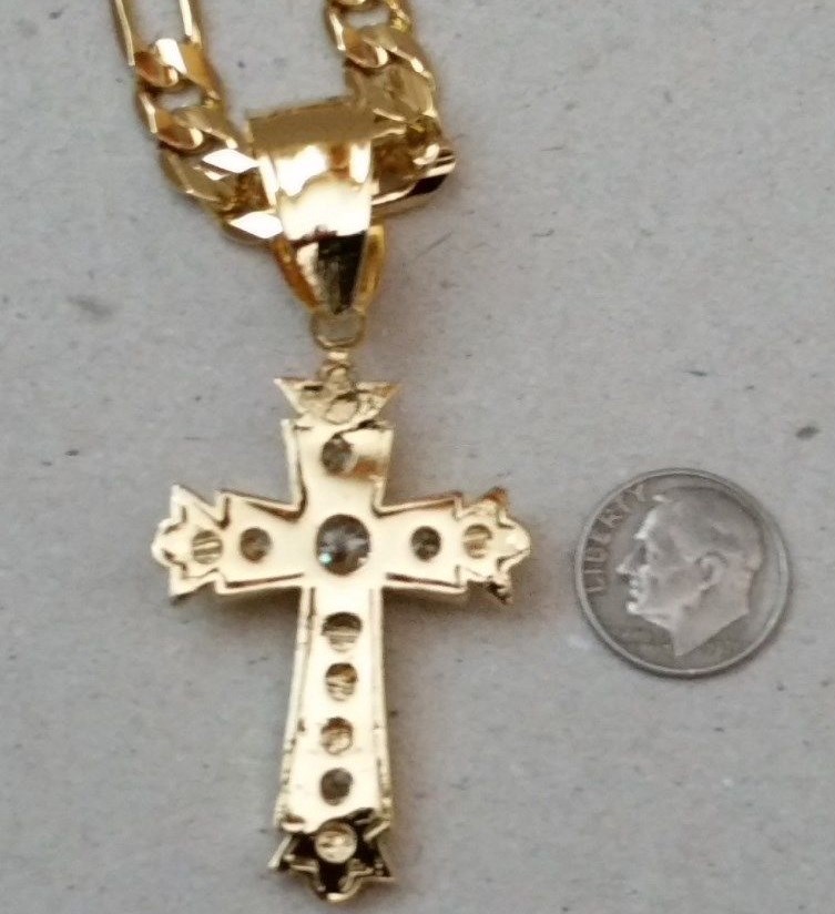 Men’s Yellow Gold Plated 30in 8mm Wide Figaro Chain & 5 CZ Cross Charm Set New