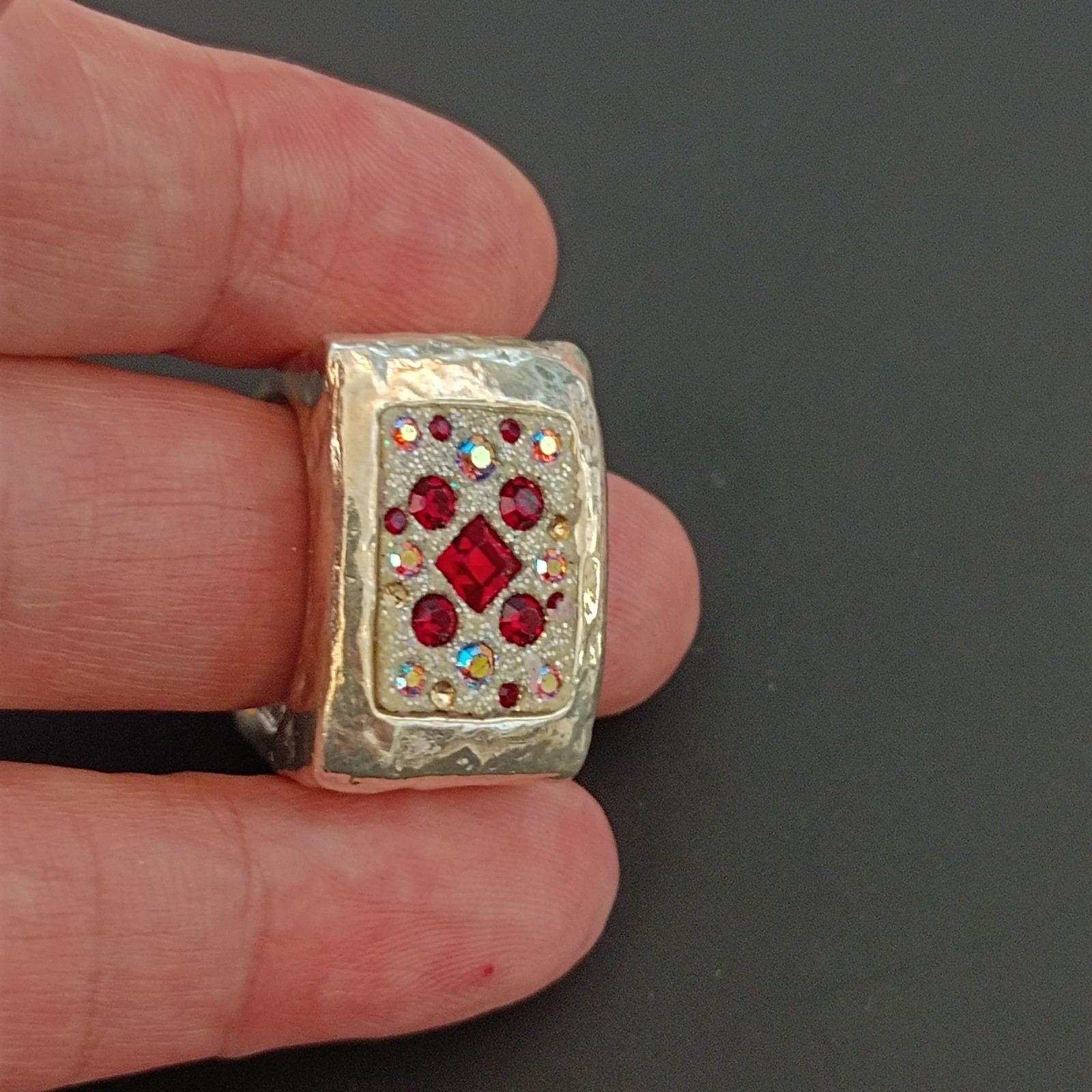 Chunky Silver Statement Ring Hammered Puffy Dramatic Bold Red Orit Schatzman 925