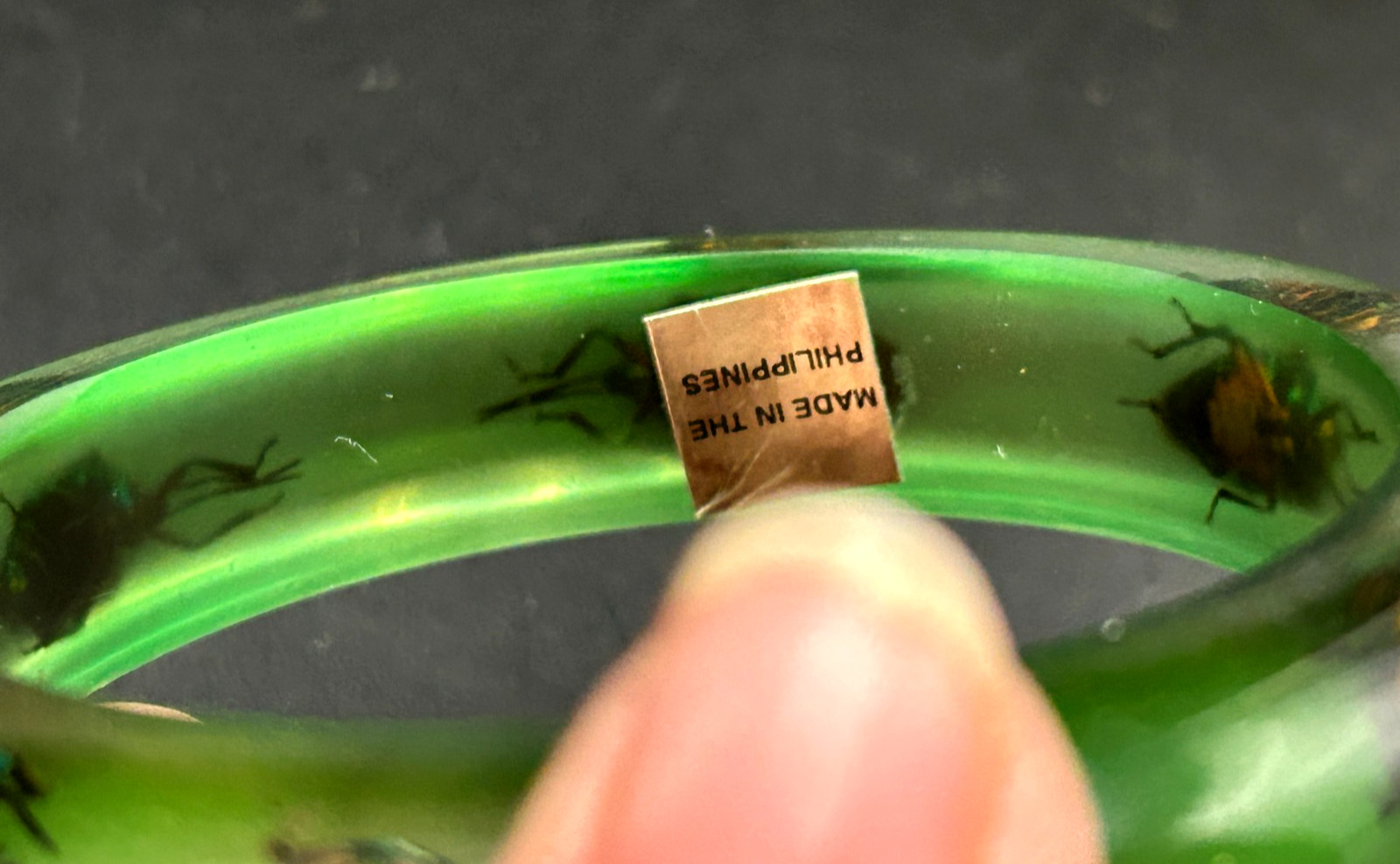 2 Vintage Resin Lucite Jewel Bettle Bangle Bracelets from Philippines Green Yell