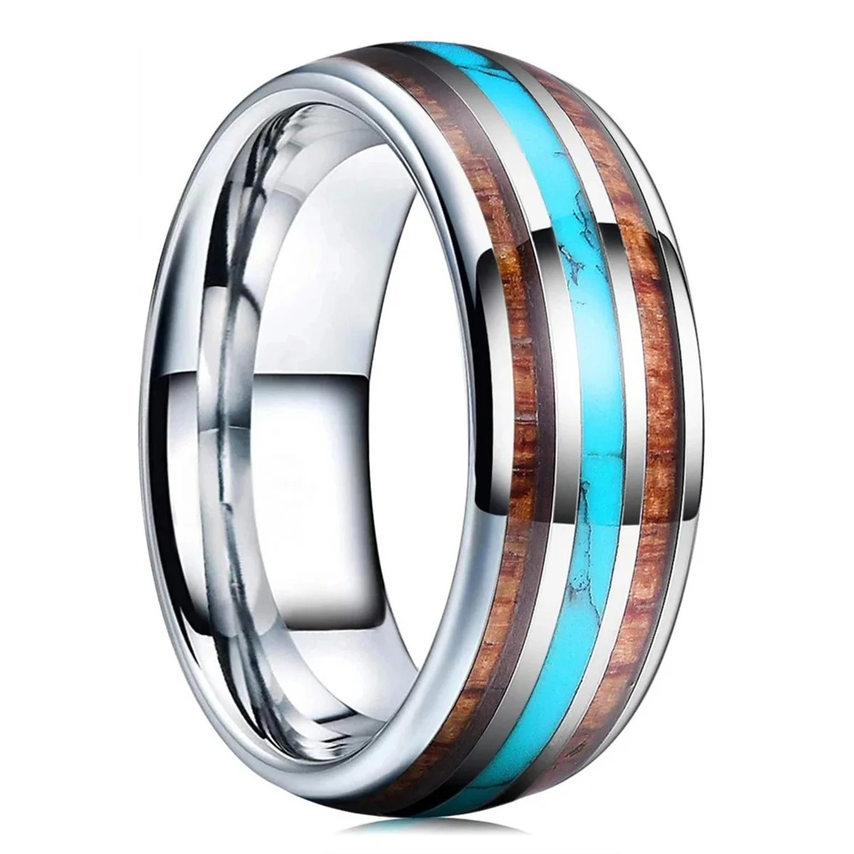 Stainless Steel Abalone Shell Ring 8mm Purple Polished Wedding Band Men