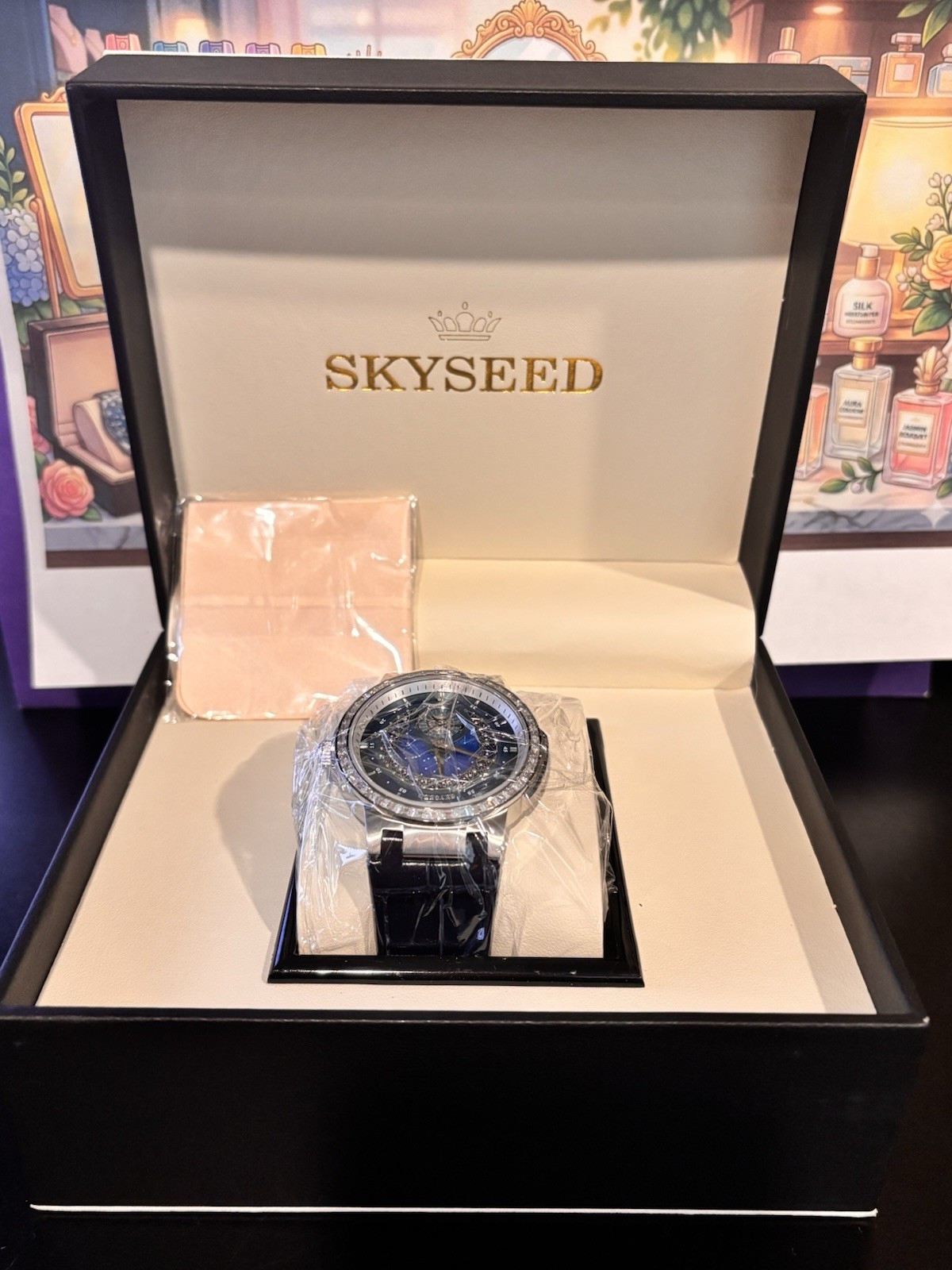 SKYSEED Luxury Blue Dial Diamond Accent Automatic Watch Blue Leather Strap