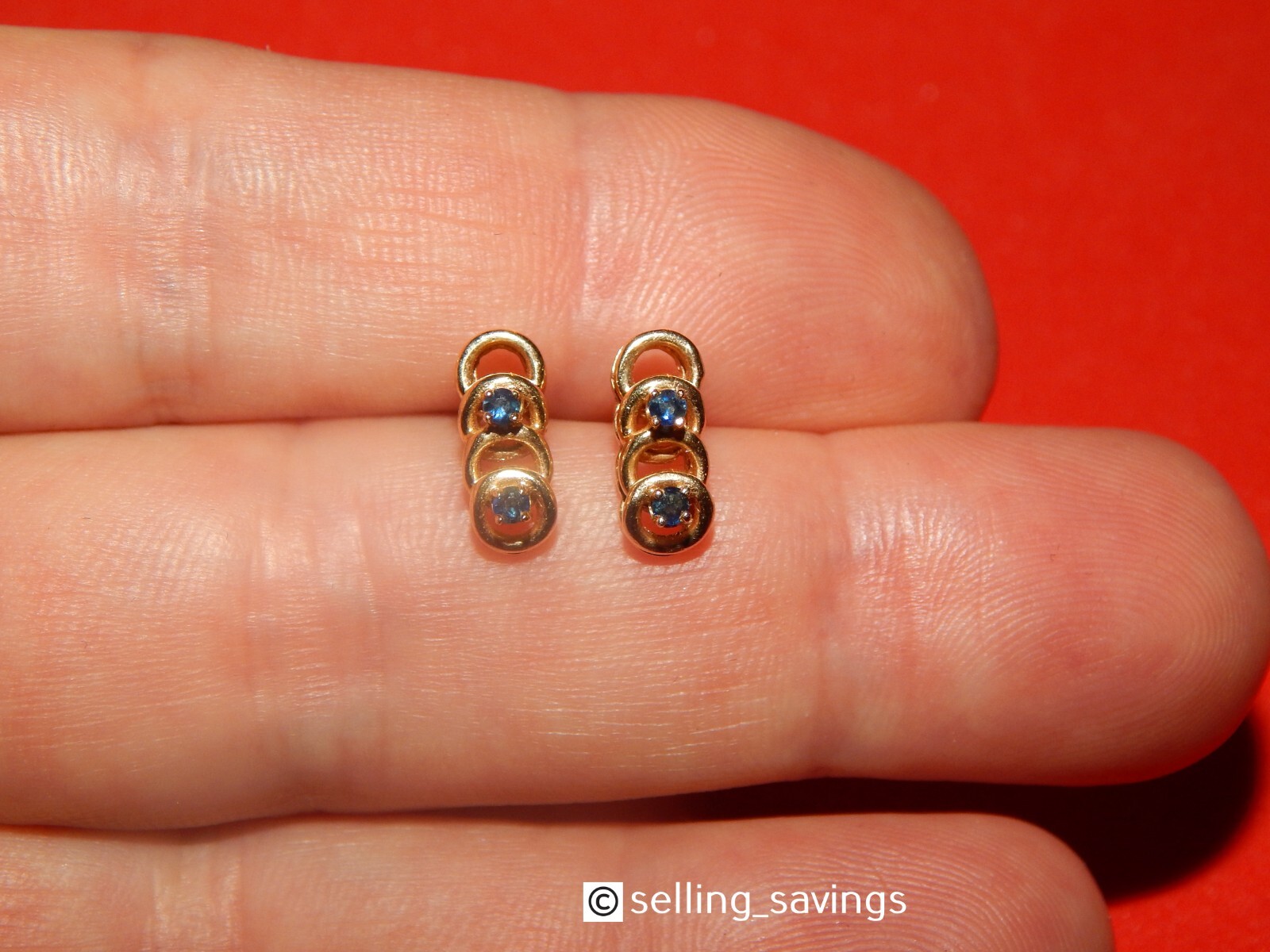 14K YELLOW GOLD SAPPHIRE OPEN CIRCLE STUD EARRINGS 1/2 INCH TALL X 1/4 INCH WIDE