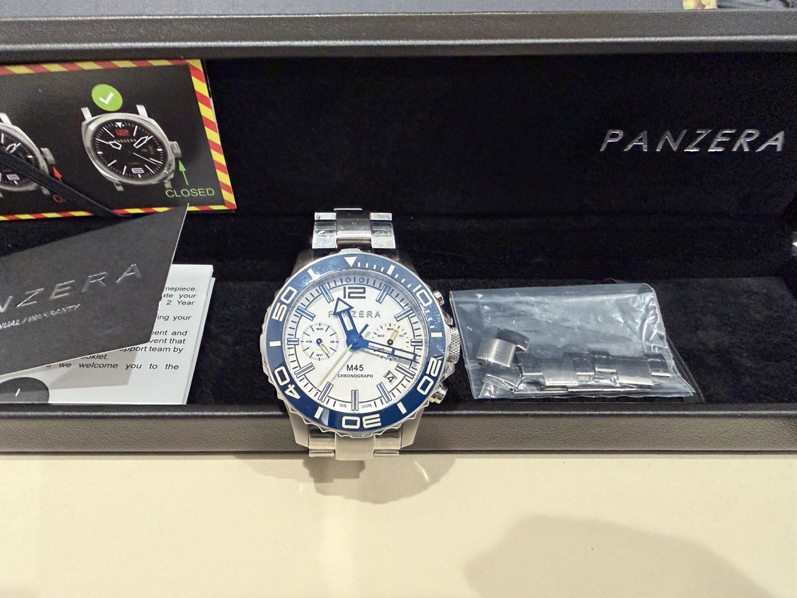 Panzera M45 Chronograph 300M Dive Watch Full Kit Box Papers Extra Links