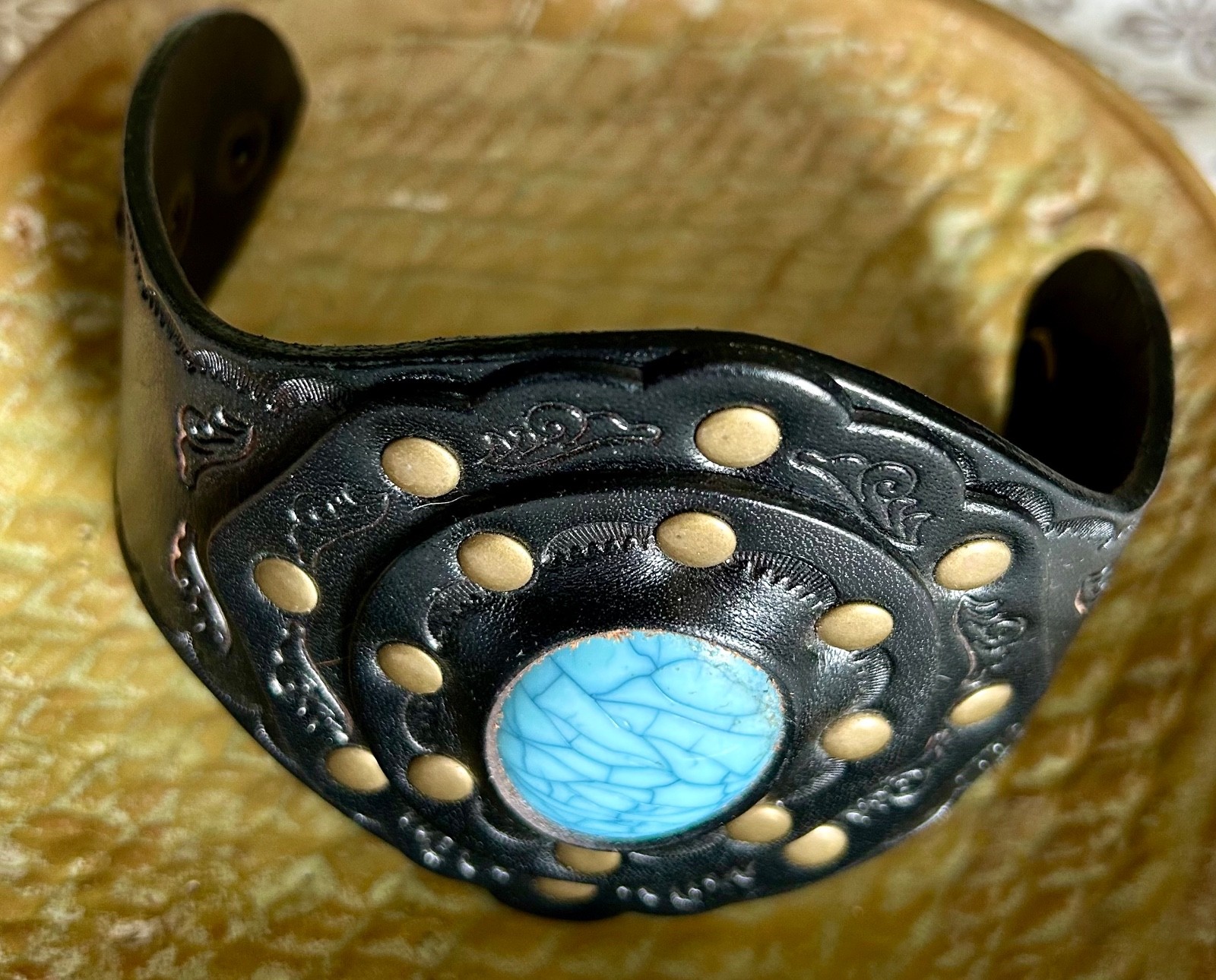 Three Bird Nest Cuff Tooled Leather Brass and Turquoise Bracelet Adjustable Snap