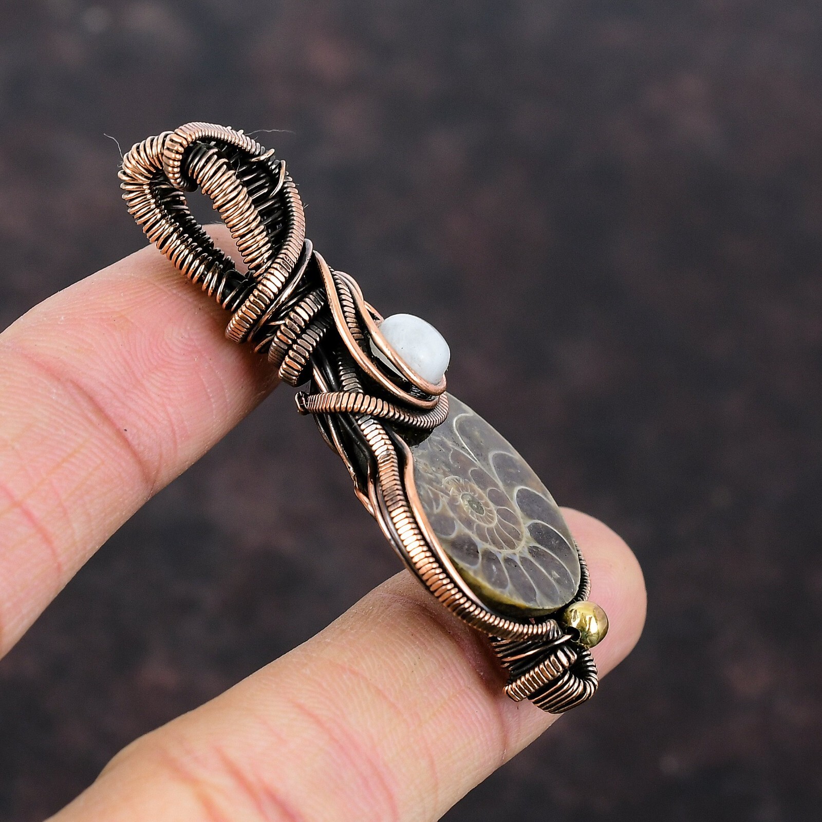 Ammonite Fossil Wire Wrapped Pendant Handcrafted Copper Partywear 2.36″