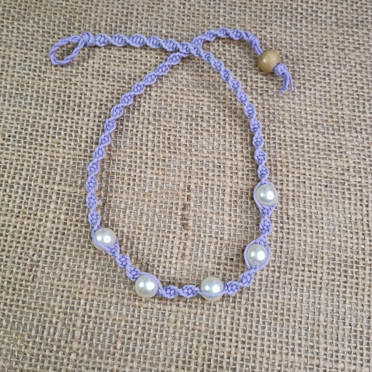 New Lavender Hemp Choker Necklace W/ Faux Pearl Beads 15 in Macrame Feminine